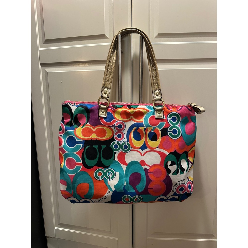 Coach Poppy Pop Art C Logo "Graffiti Glam Tote" – Y2K Designer Purse heart charm - Picture 2 of 8